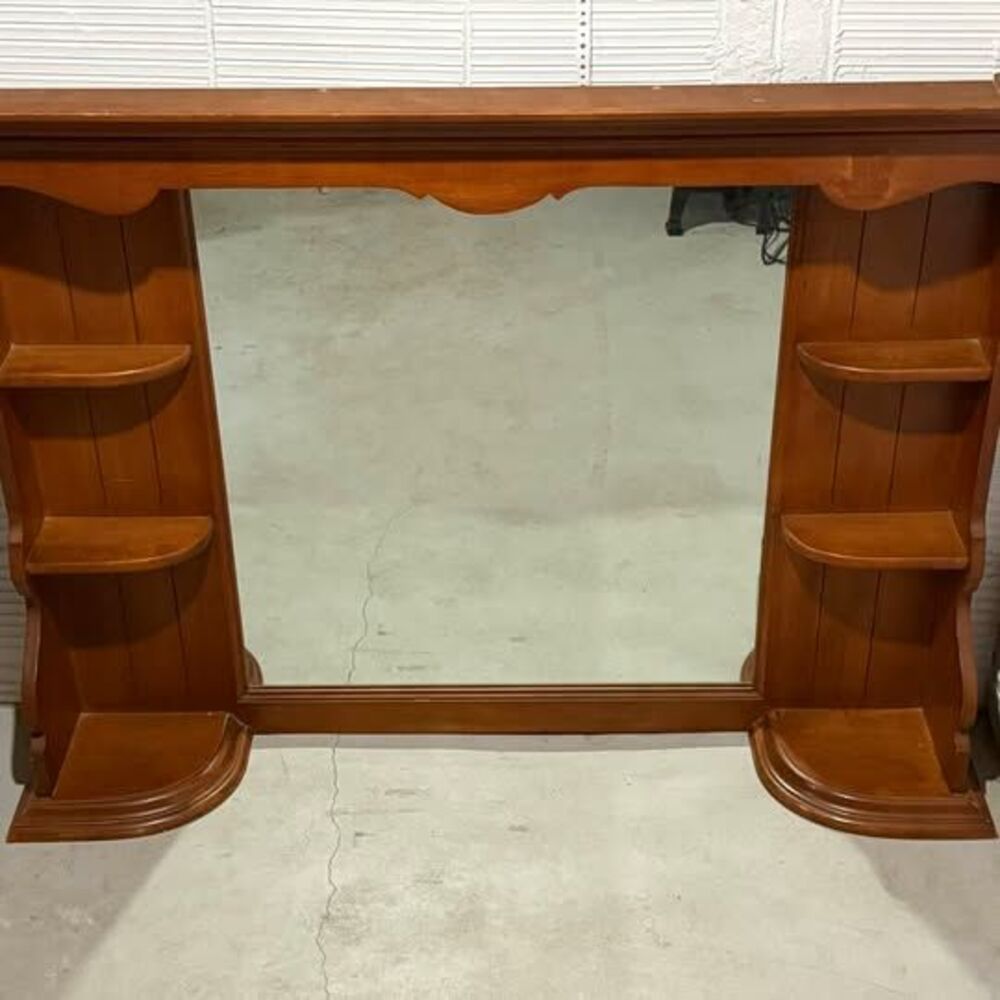 Vintage Wood Wall Headboard Top with Mirror, Side Shelves, and Mantel 54 3/4”x40